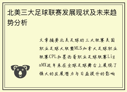 北美三大足球联赛发展现状及未来趋势分析