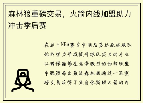 森林狼重磅交易，火箭内线加盟助力冲击季后赛